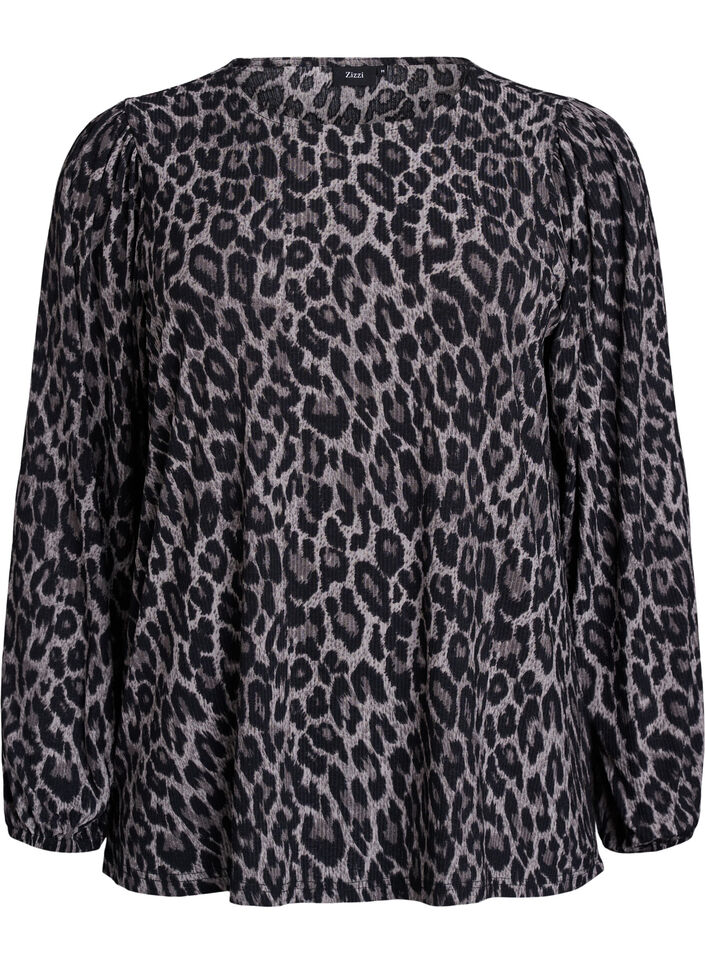 Bluse mit langen &Auml;rmeln und Leopardenmuster, Grau, Packshot image number 0