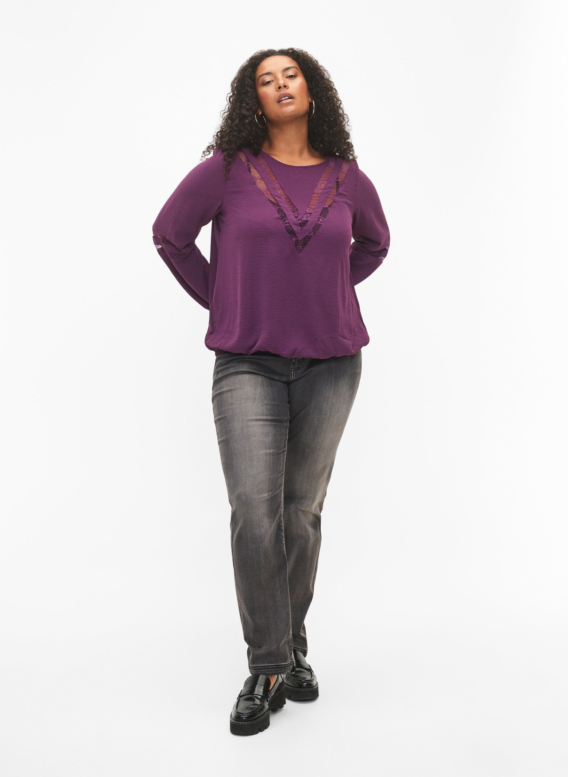 Zizzi Langarm-Bluse mit Spitze, Deep Purple, Model image number 2