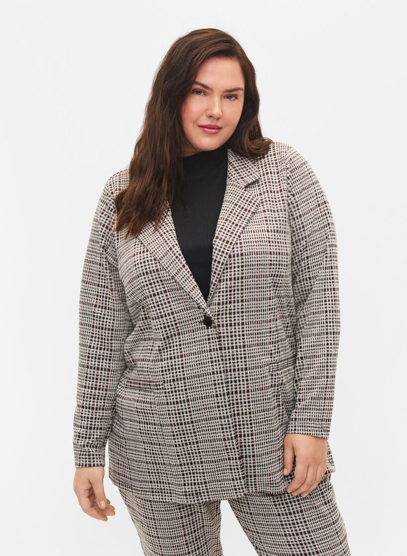 Karierter Blazer mit Knopfverschluss, Brown Check, Model image number 0