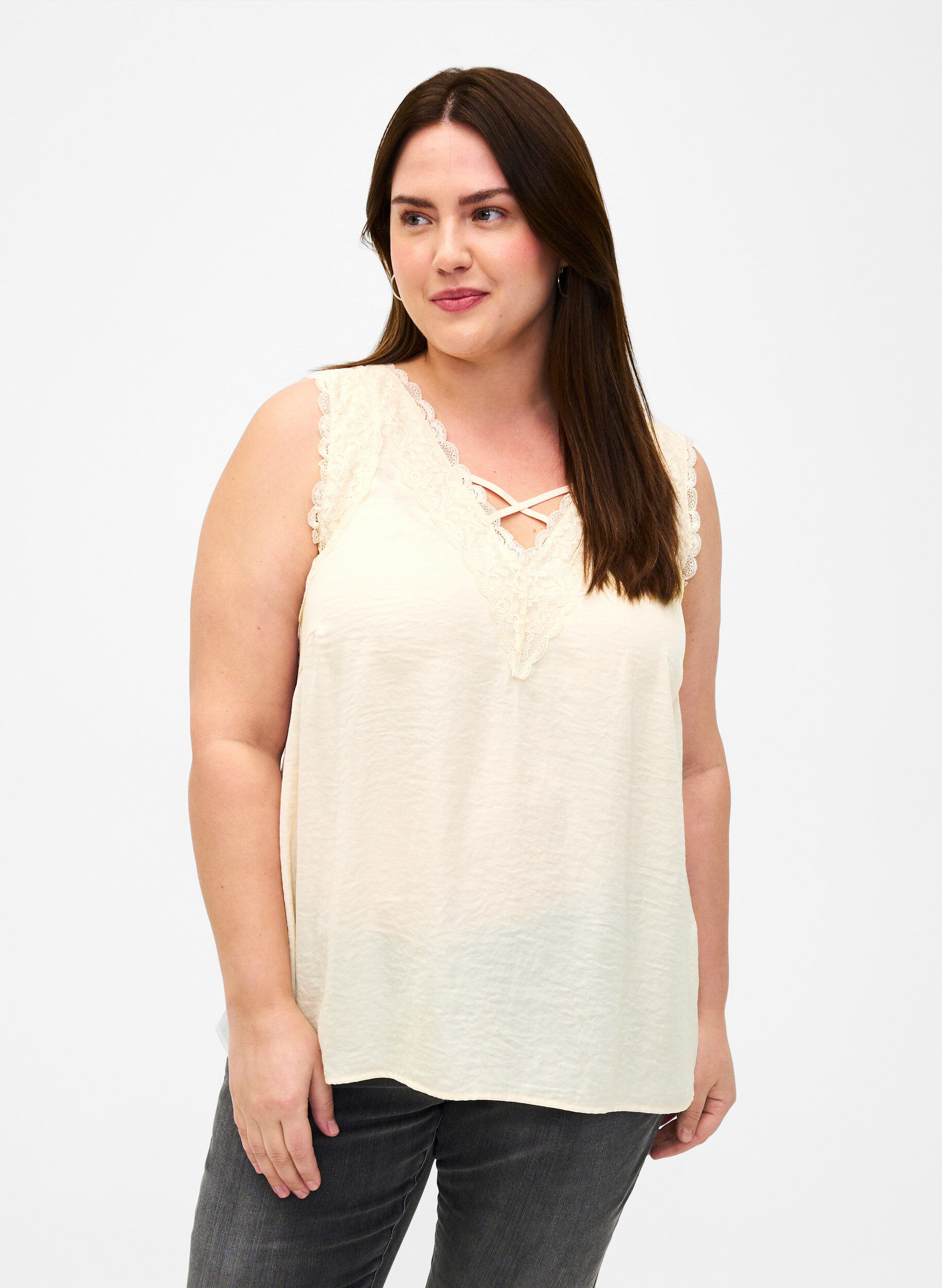 ZizziOberteil mit Spitze und Kreuzdetail, White Smoke, Model image number 0