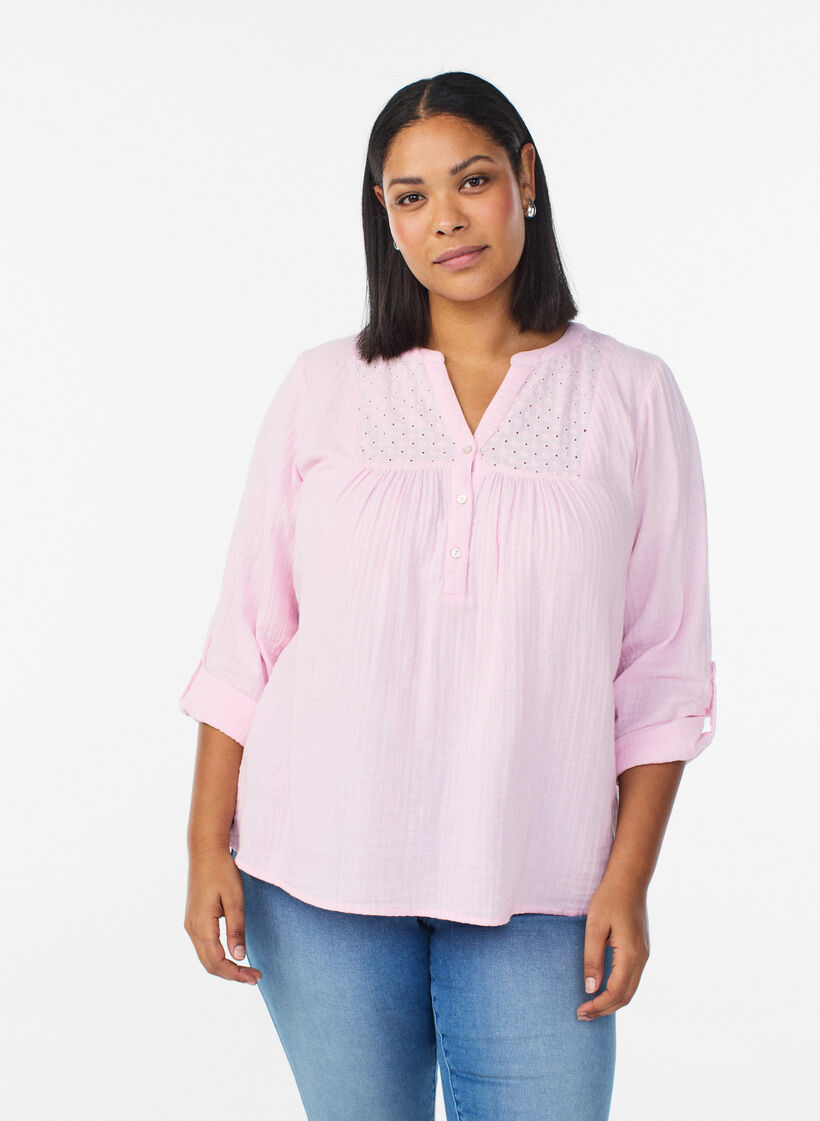 Bluse aus Baumwollmusselin mit Lochstickerei, Rot, Model image number 0