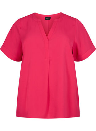 Kurzärmelige Bluse mit V-Ausschnitt, Bright Rose, Packshot image number 0