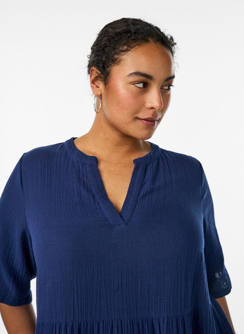 Midikleid in A-Linie aus Baumwoll-Musselin, Blau, Model image number 2