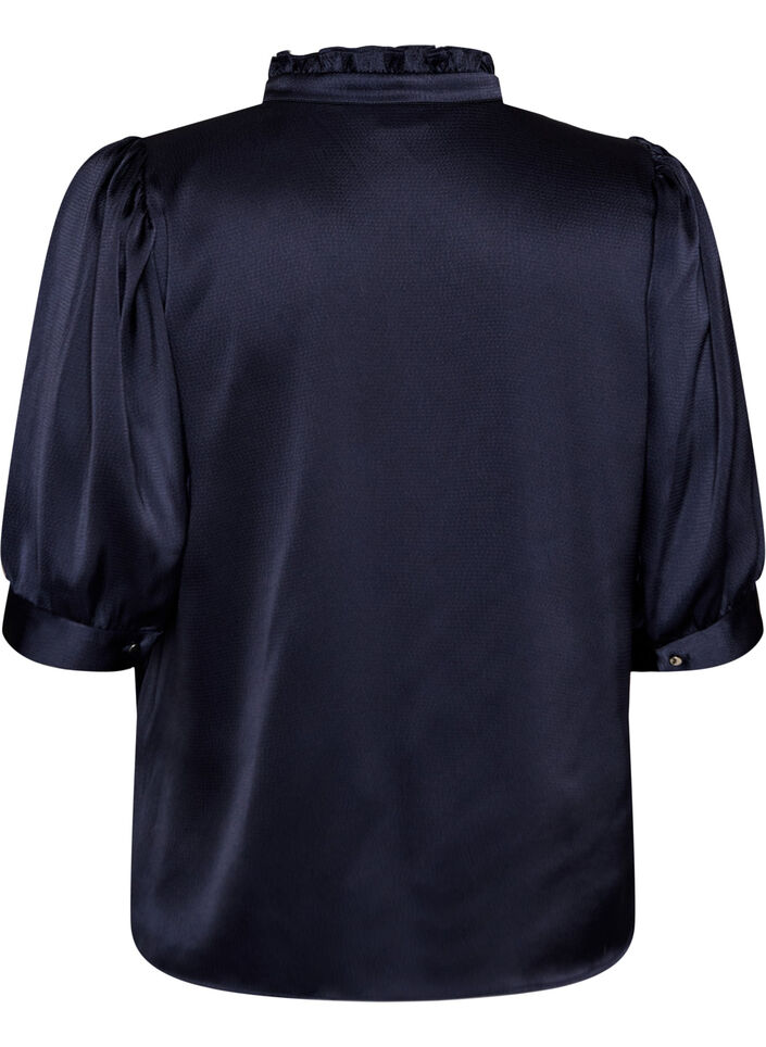 Bluse in Satin-Optik mit 1/2-&Auml;rmeln und R&uuml;schenkragen, Blau, Packshot image number 1