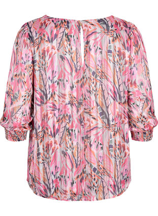 Bluse mit Print, V-Ausschnitt und 3/4-Ärmel, Pink Feather, Packshot image number 1