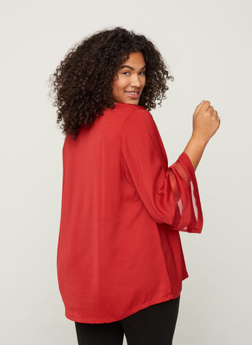 Einfarbige Bluse mit 3/4-Ärmeln und V-Ausschnitt, Haute Red, Model image number 1