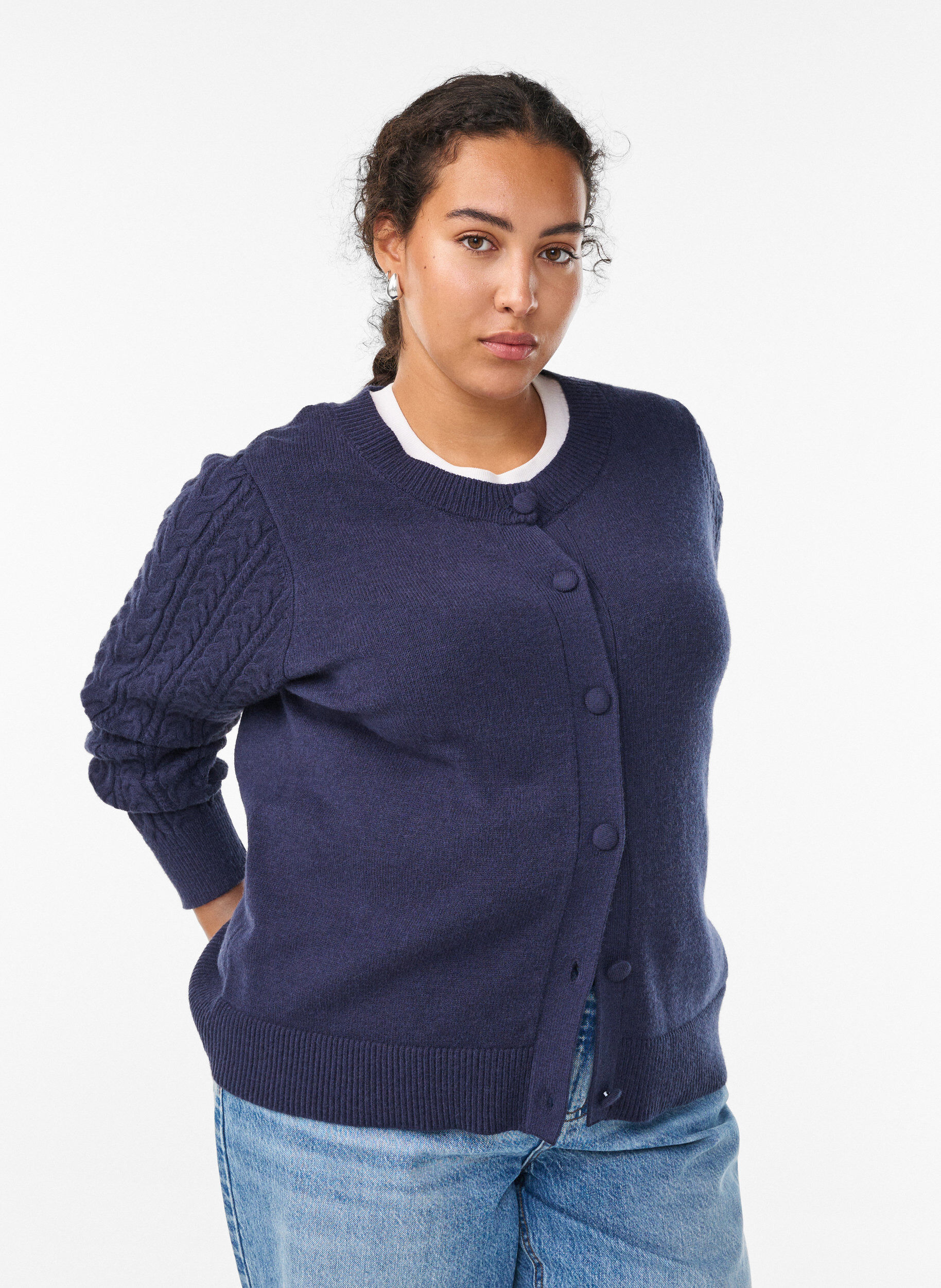 Cardigan mit Zopfmuster-&Auml;rmeln, Blau, Model