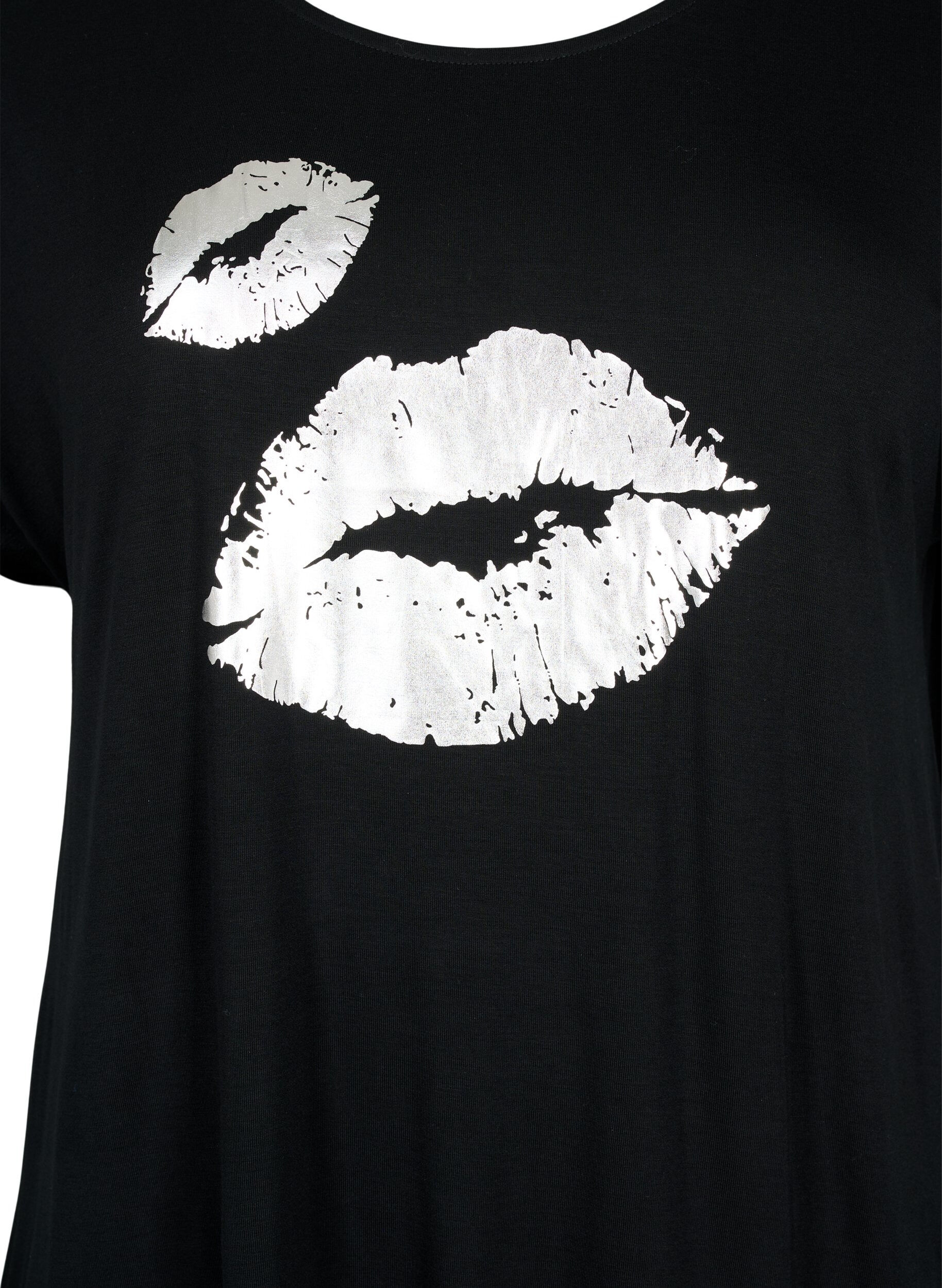 ZizziKurz&auml;rmeliges Viskose-T-Shirt mit Druck, Black W. Lips, Packshot image number 2