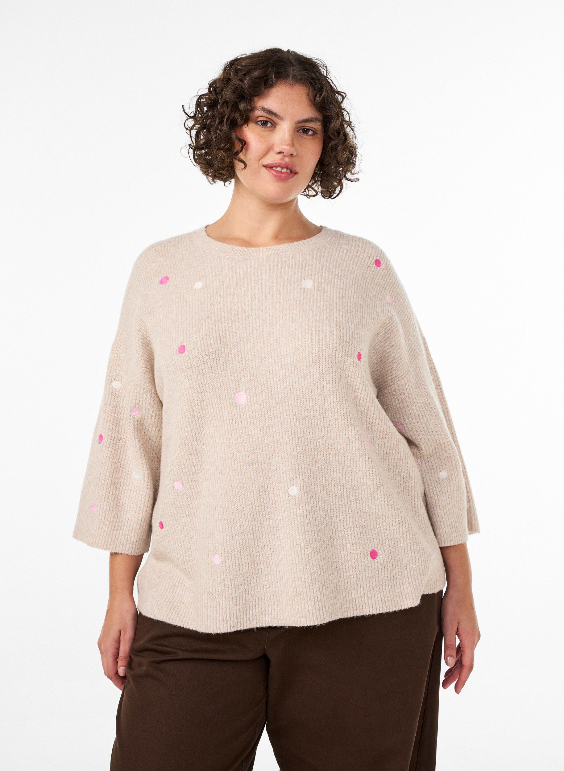 Strickbluse mit kleinen Stickmotiven, Beige, Model