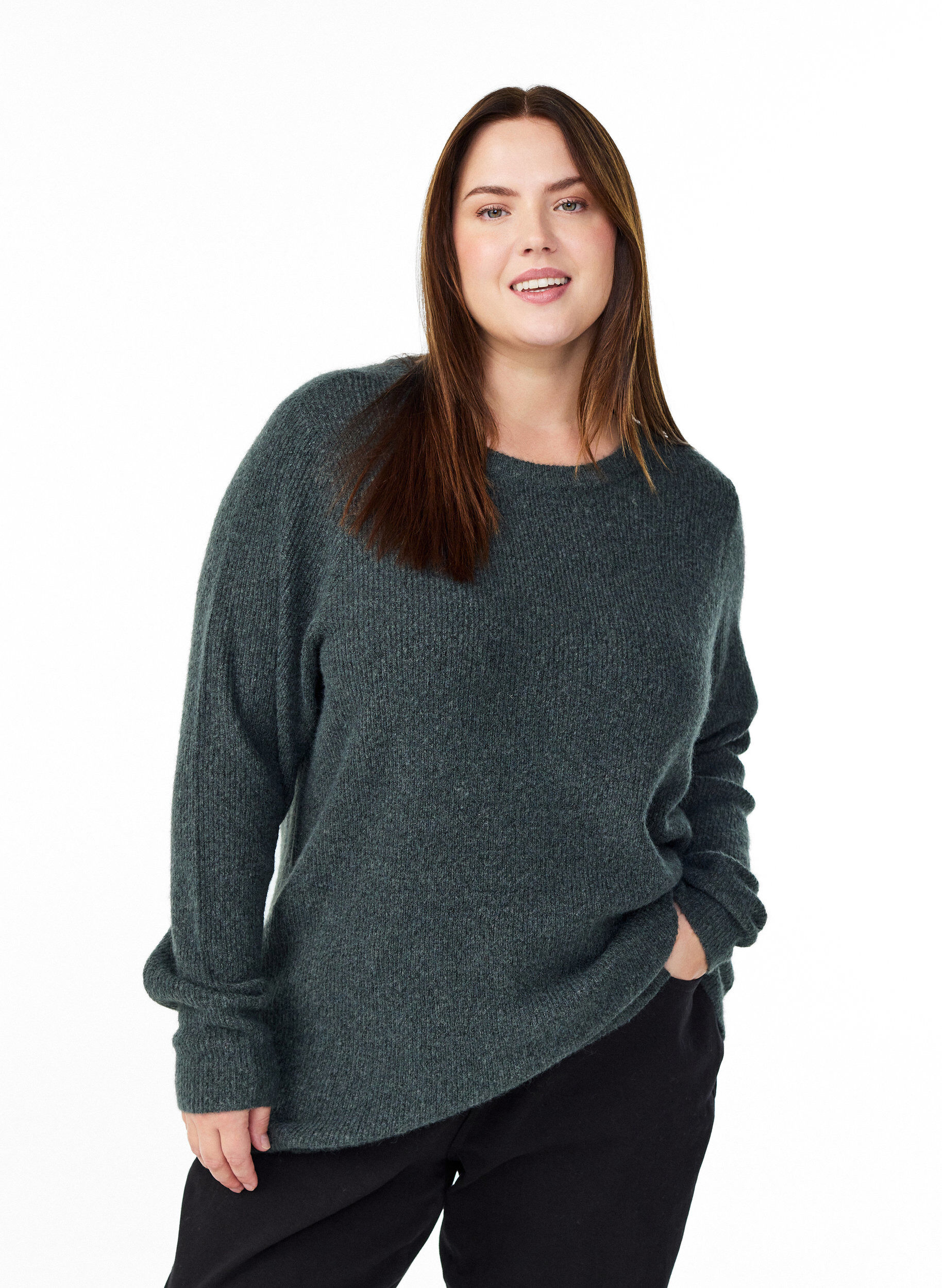 Melierte Strickbluse mit Rundhalsausschnitt, Gr&uuml;n, Model