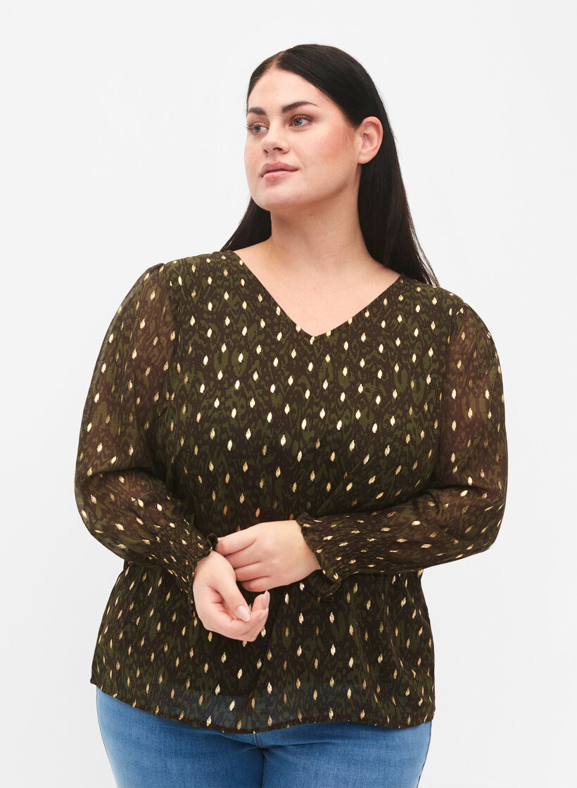 Bluse mit Aufdruck und langen Ärmeln, Green Ethnic AOP, Model image number 0