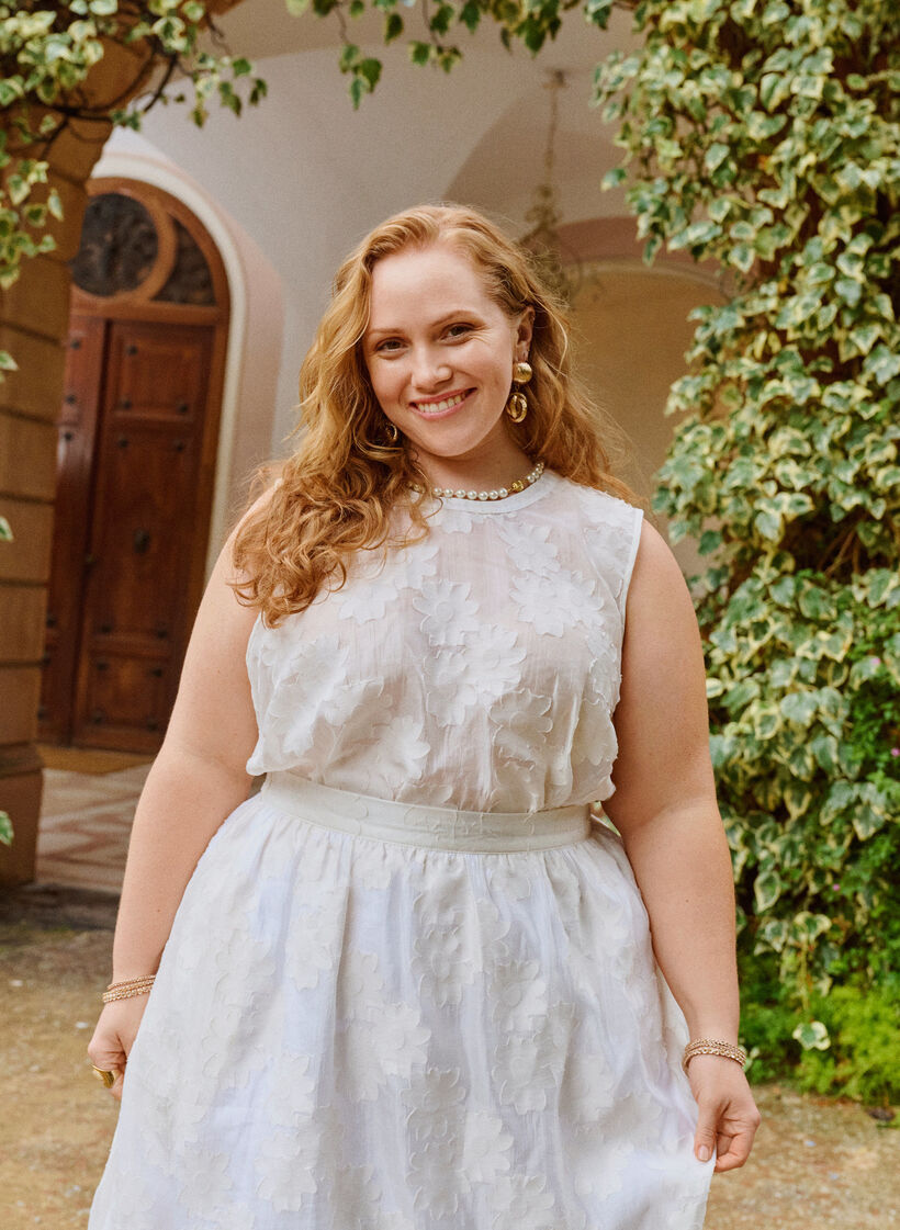 &Auml;rmelloses Top aus Jacquard mit floraler Textur, Vanille, Image