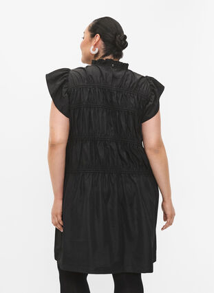 Kleid mit Rüschen und elastischen Schnittlinien, Black, Model image number 1