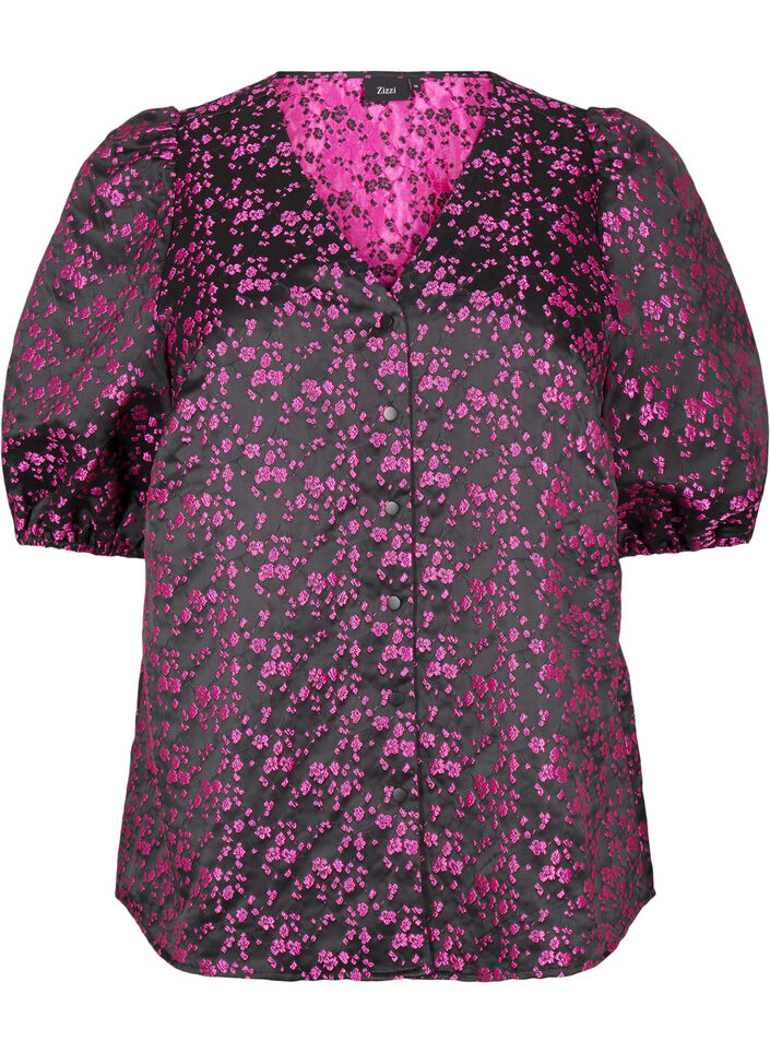Bluse mit kurzen Ärmeln und aufgesticktem Muster, Schwarz, Packshot image number 0