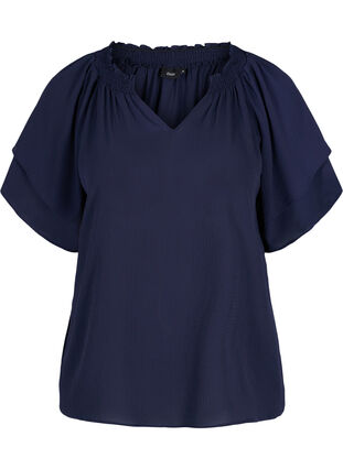 Kurzärmelige Bluse mit V-Ausschnitt, Navy Blazer, Packshot image number 0