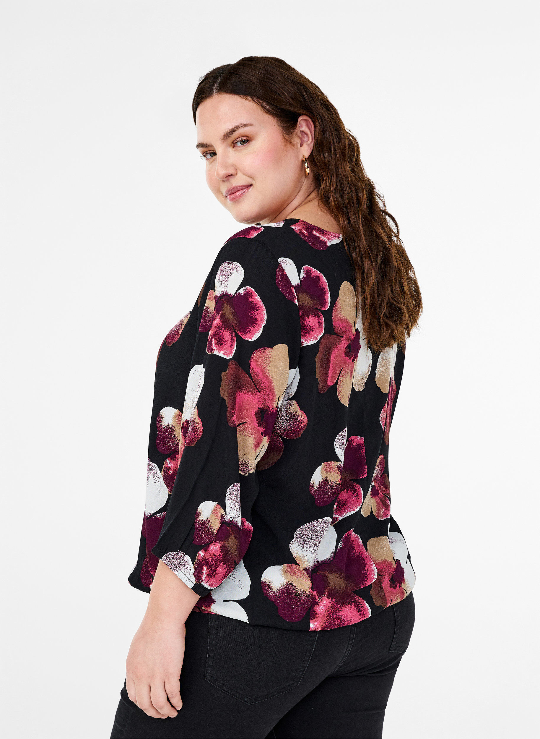 Zizzi Viskosebluse mit Print und Kittel, Schwarz, Model image number 2