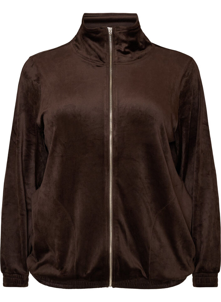 Weicher Cardigan aus Velours mit Rei&szlig;verschluss und hohem Kragen, Braun, Packshot image number 0