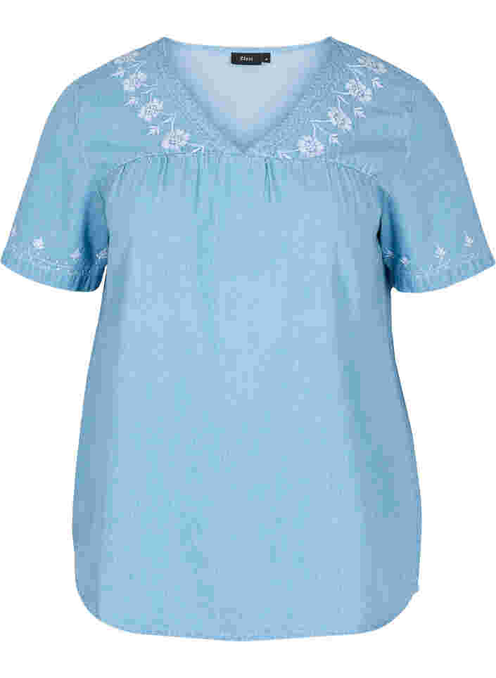Kurzärmelige Bluse mit Stickerei, Light blue denim, Packshot image number 0