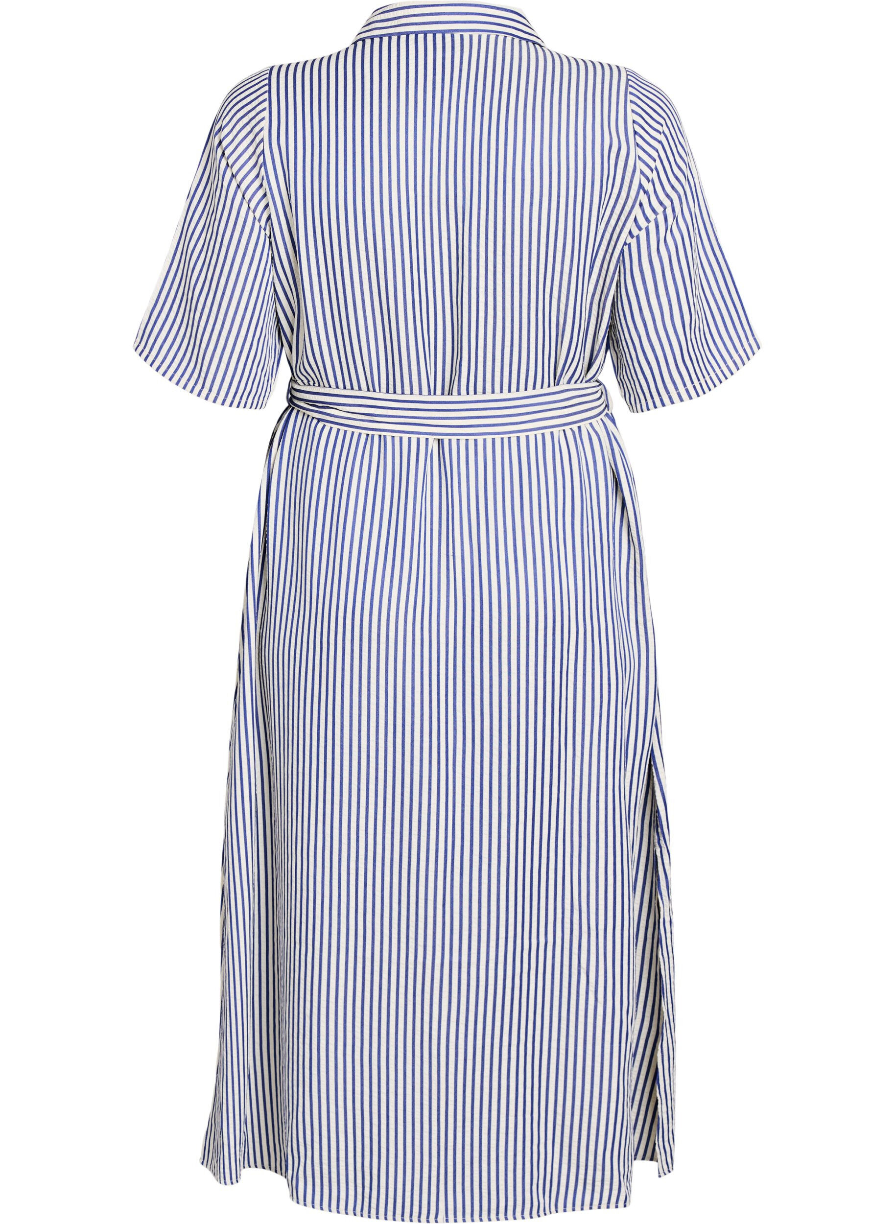 ZizziKn&ouml;chellanges Hemdblusenkleid mit Bindeg&uuml;rtel und Streifen, Blau, Packshot image number 1