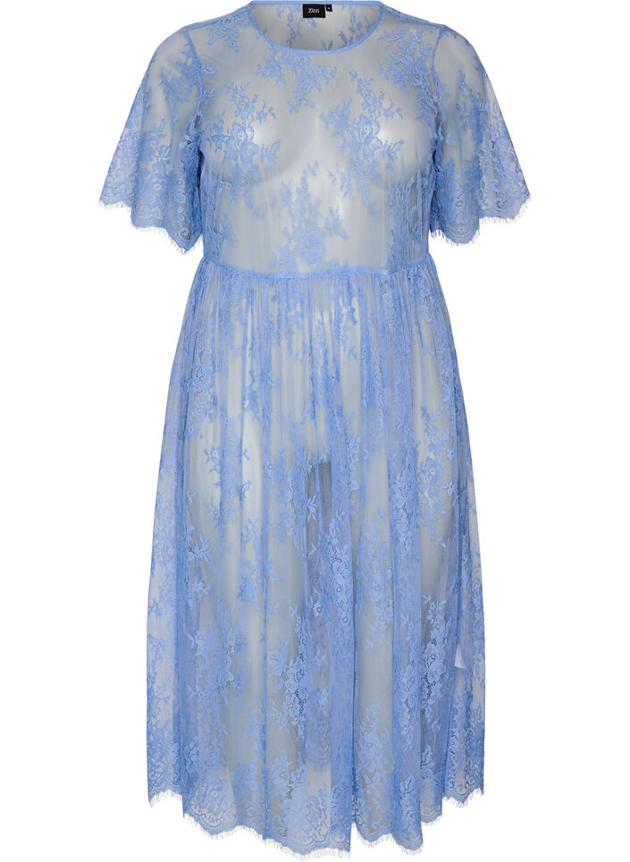 Midikleid aus transparenter Spitze mit kurzen &Auml;rmeln, lila, Packshot