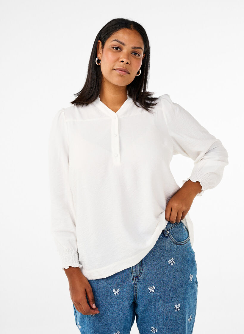 Bluse mit Rüschenkragen, Vanille, Model image number 0