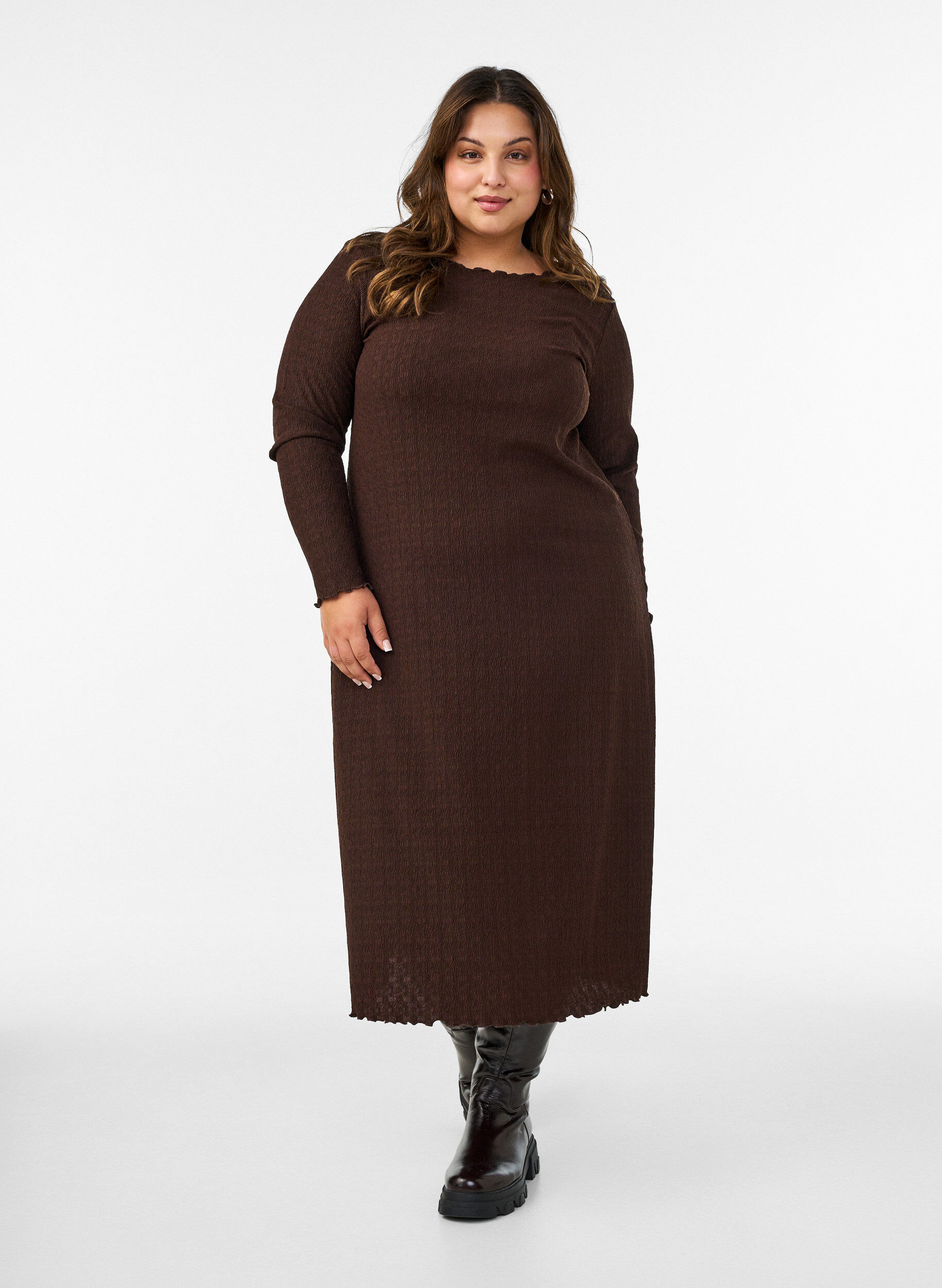 ZizziMidi-Kleid mit welliger Struktur und langen &Auml;rmeln, Braun, Model image number 0