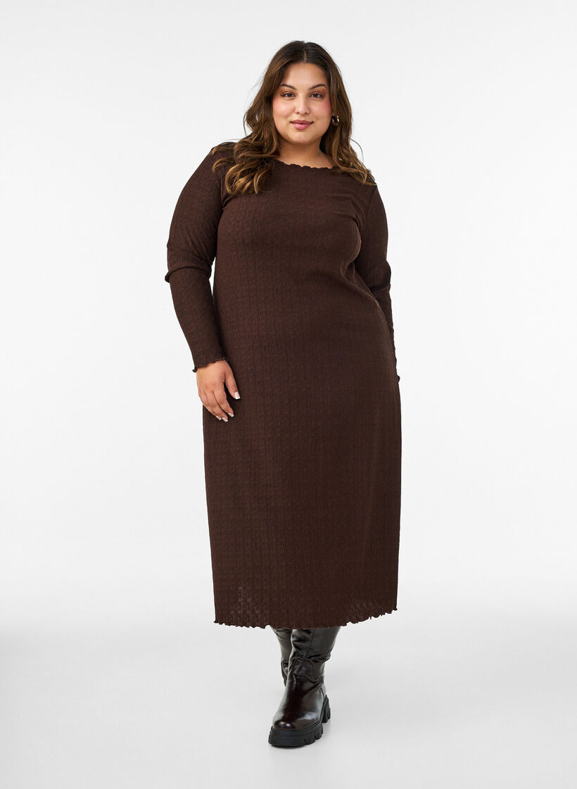 Midi-Kleid mit welliger Struktur und langen &Auml;rmeln, Braun, Model image number 0