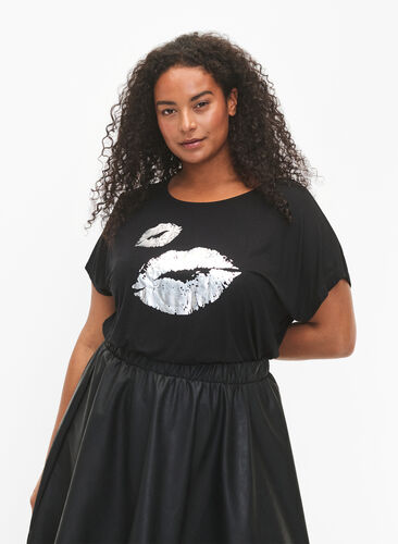 Kurzärmeliges Viskose-T-Shirt mit Druck, Black W. Lips, Model image number 0