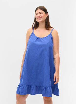 Baumwollkleid mit dünnen Trägern und A-Linie, Dazzling Blue, Model image number 0