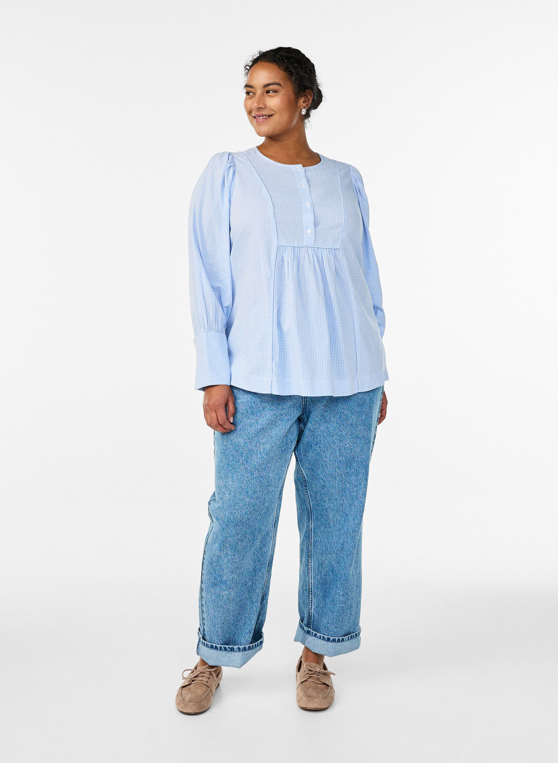 ZizziKarierte Bluse in A-Linie, Blau, Model image number 1