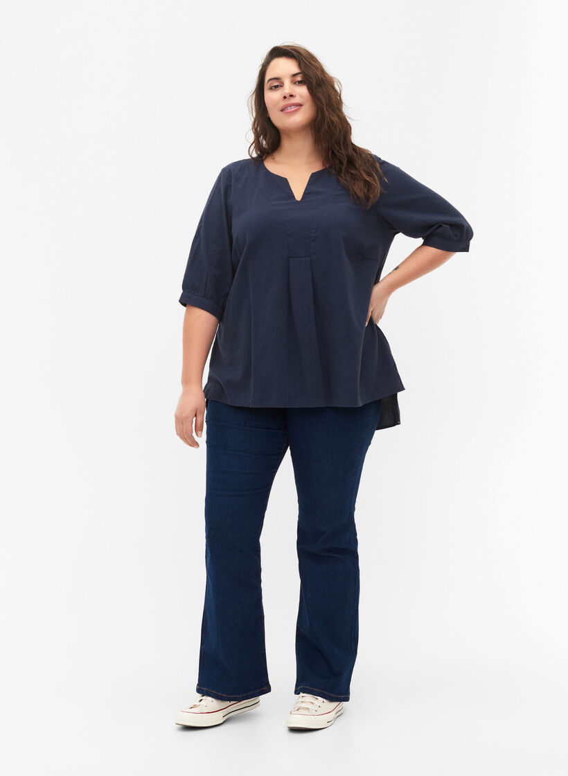 FLASH - Bluse aus Baumwolle mit halblangen Ärmeln, Navy Blazer, Model image number 2