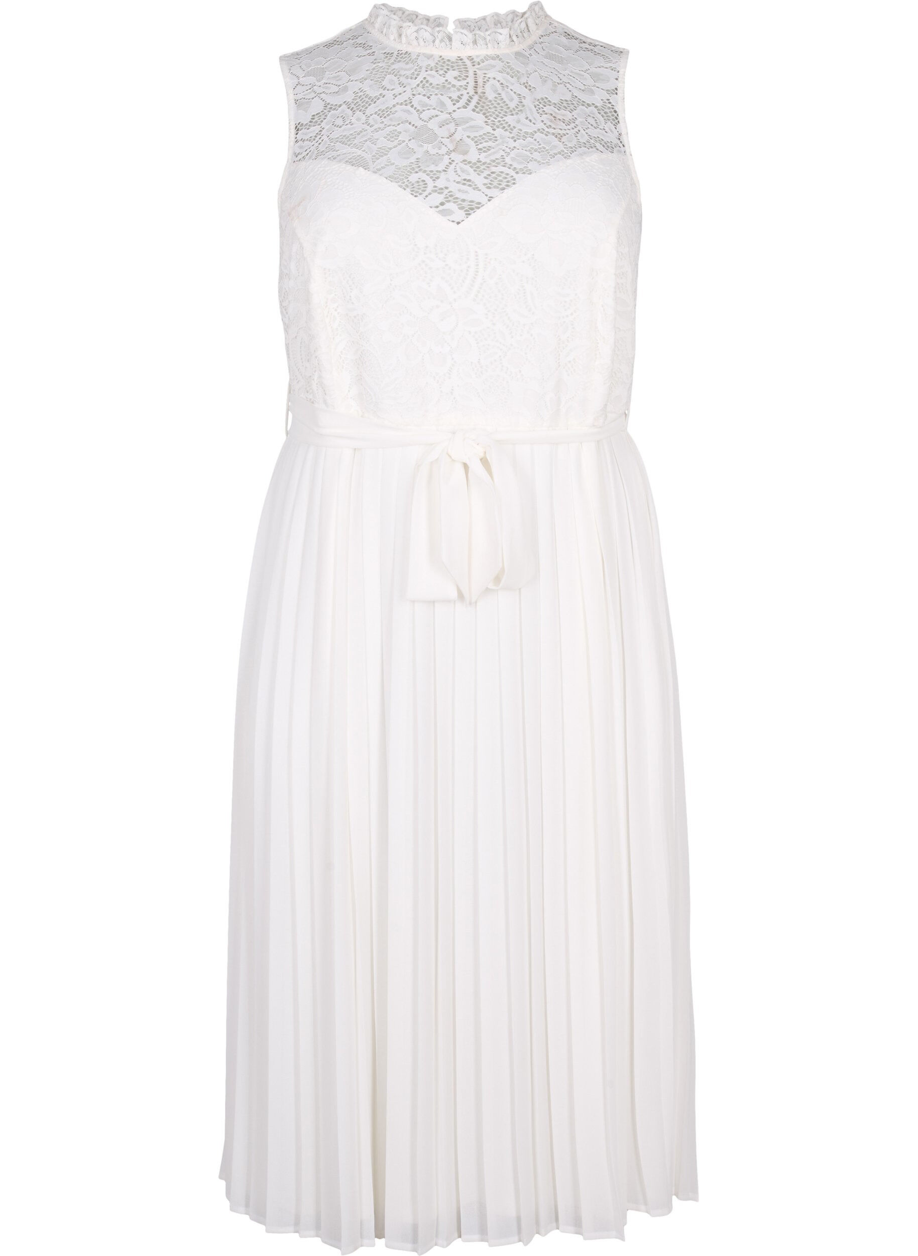 Zizzi&Auml;rmelloses Kleid mit Spitze und Falten, Bright White, Packshot image number 0