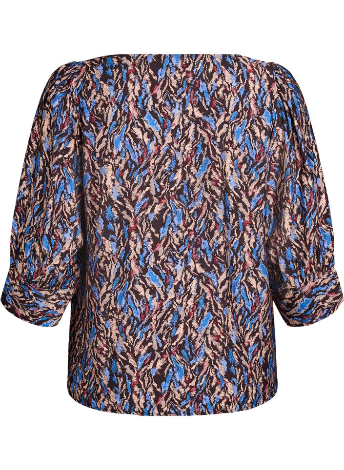 Bluse mit V-Ausschnitt und 3/4-Ärmeln, Blau, Packshot image number 1