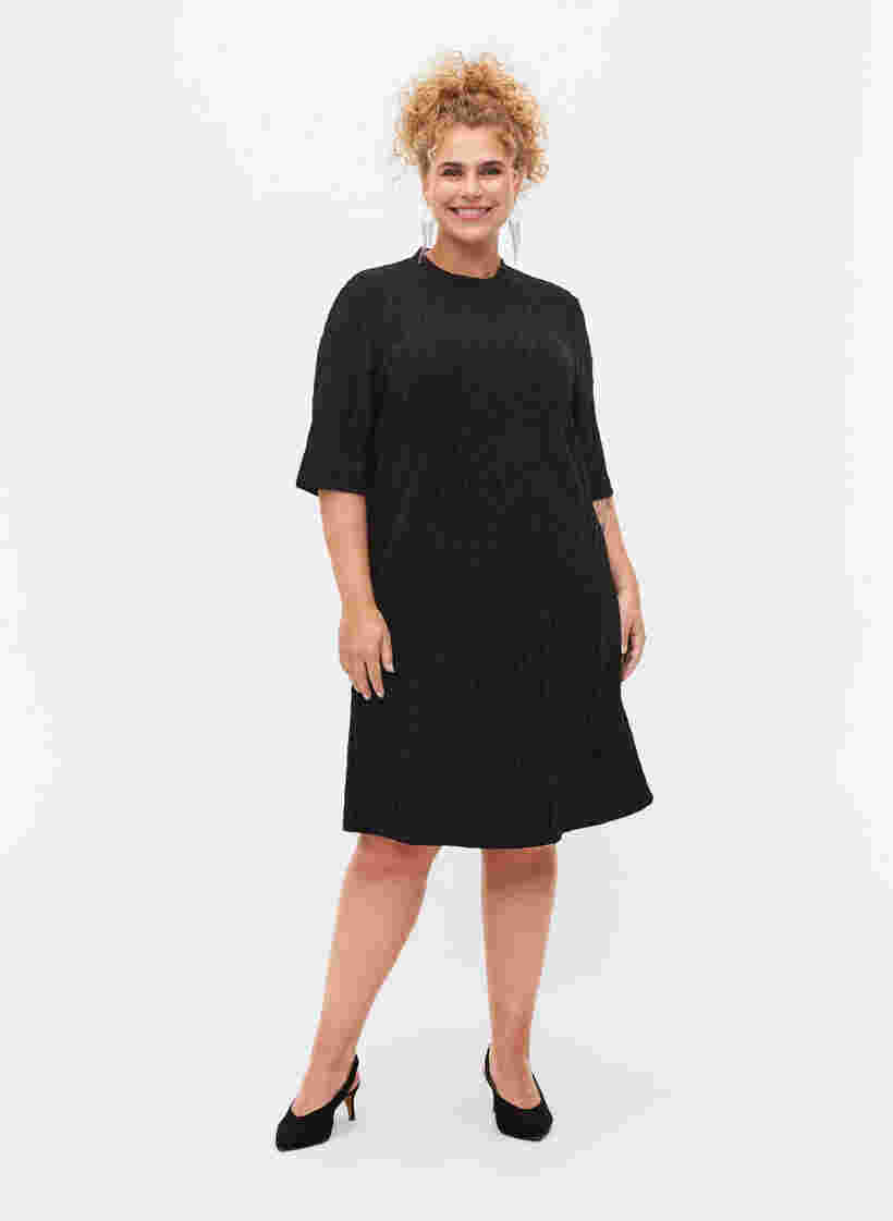Gemustertes Kleid mit Glitzer und kurzen Ärmeln, Black/Black Lurex, Model image number 2