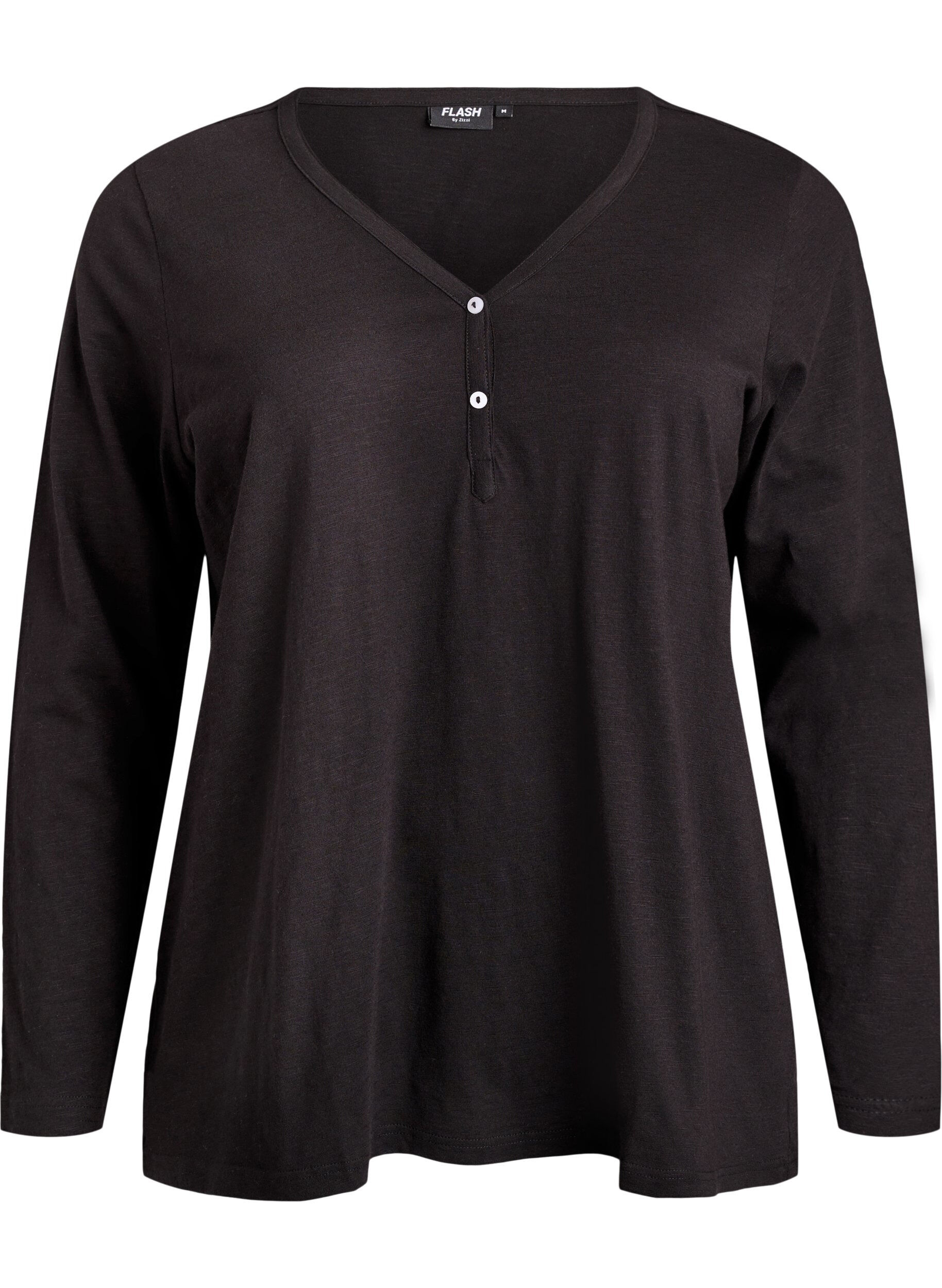ZizziLangarmshirt mit V-Ausschnitt und Kn&ouml;pfen, Schwarz, Packshot image number 0