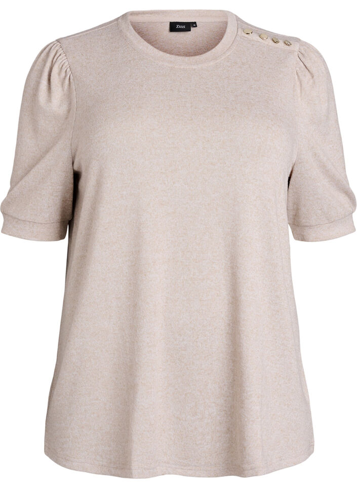 Bluse mit Knopfdetail und kurzen Puff&auml;rmeln, Beige, Packshot image number 0