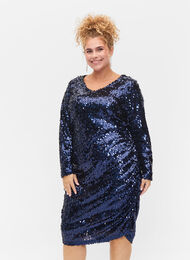 Kleid mit Pailletten und V-Ausschnitt, Evening Blue, Model