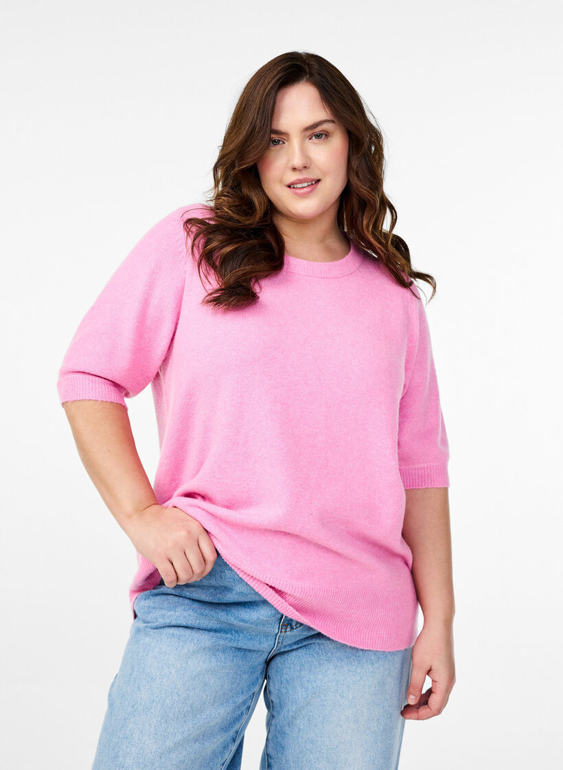 Bluse aus Strick mit kurzen &Auml;rmeln, Pink, Model image number 0