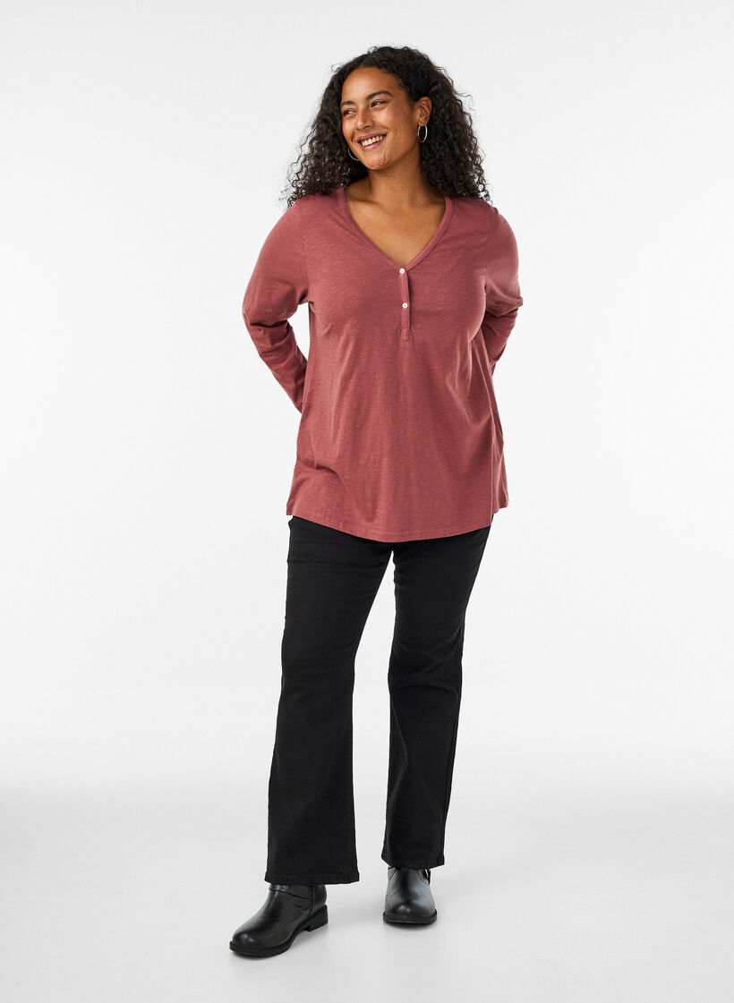 Langarmshirt mit V-Ausschnitt und Kn&ouml;pfen, Braun, Model image number 1
