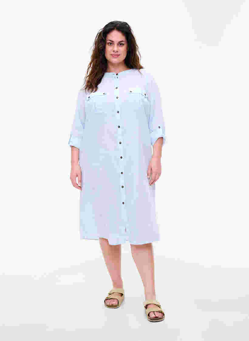 Langes gestreiftes Hemdkleid aus Baumwolle, Blue Stripe, Model