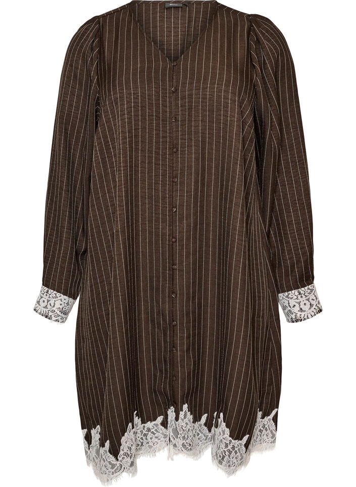 Knielanges Kleid mit Nadelstreifen und Spitzenbesatz, Braun, Packshot image number 0