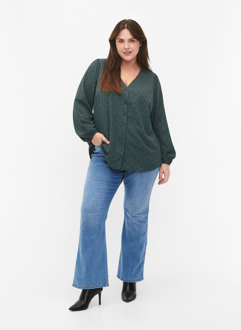  Hemdbluse mit V-Ausschnitt und Aufdruck, Scarab Graphic AOP, Model image number 2