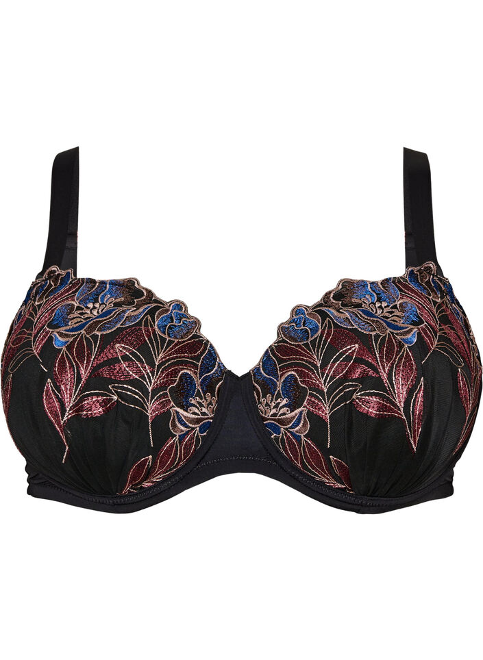 Vorgeformter BH mit Blumenstickerei, Schwarz, Packshot image number 0