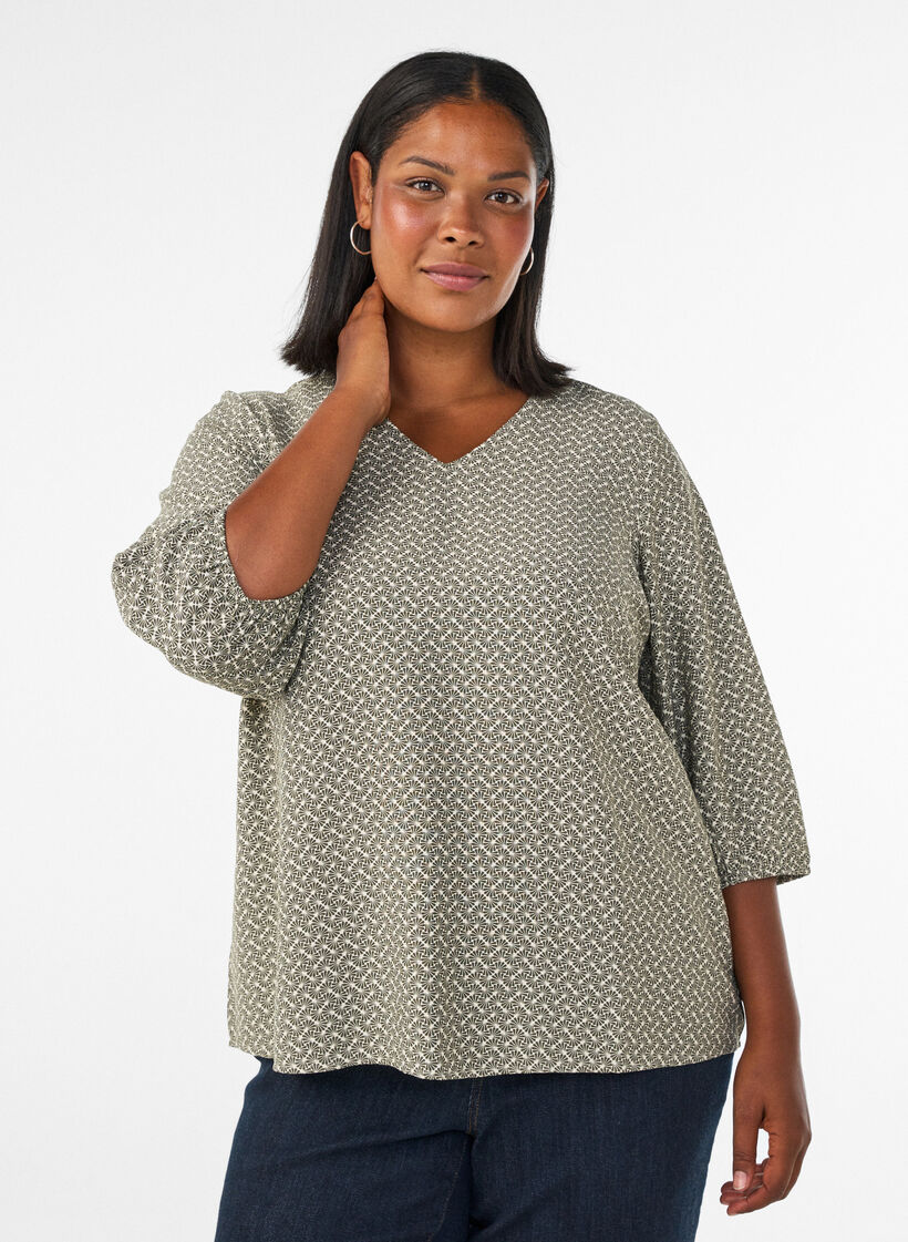 Gemusterte Bluse aus Viskose mit 3/4-&Auml;rmeln, Gr&uuml;n, Model image number 0
