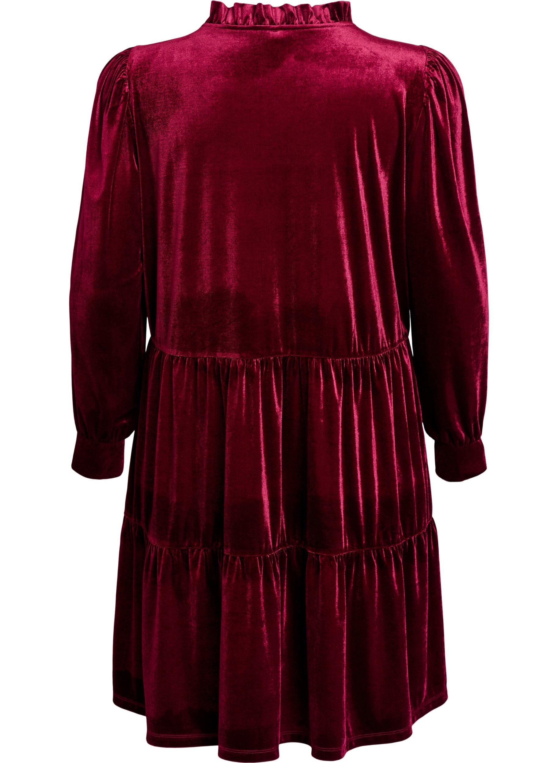 ZizziKurzes Kleid aus Velours mit R&uuml;schenkragen und langen &Auml;rmeln, Rot, Packshot image number 1