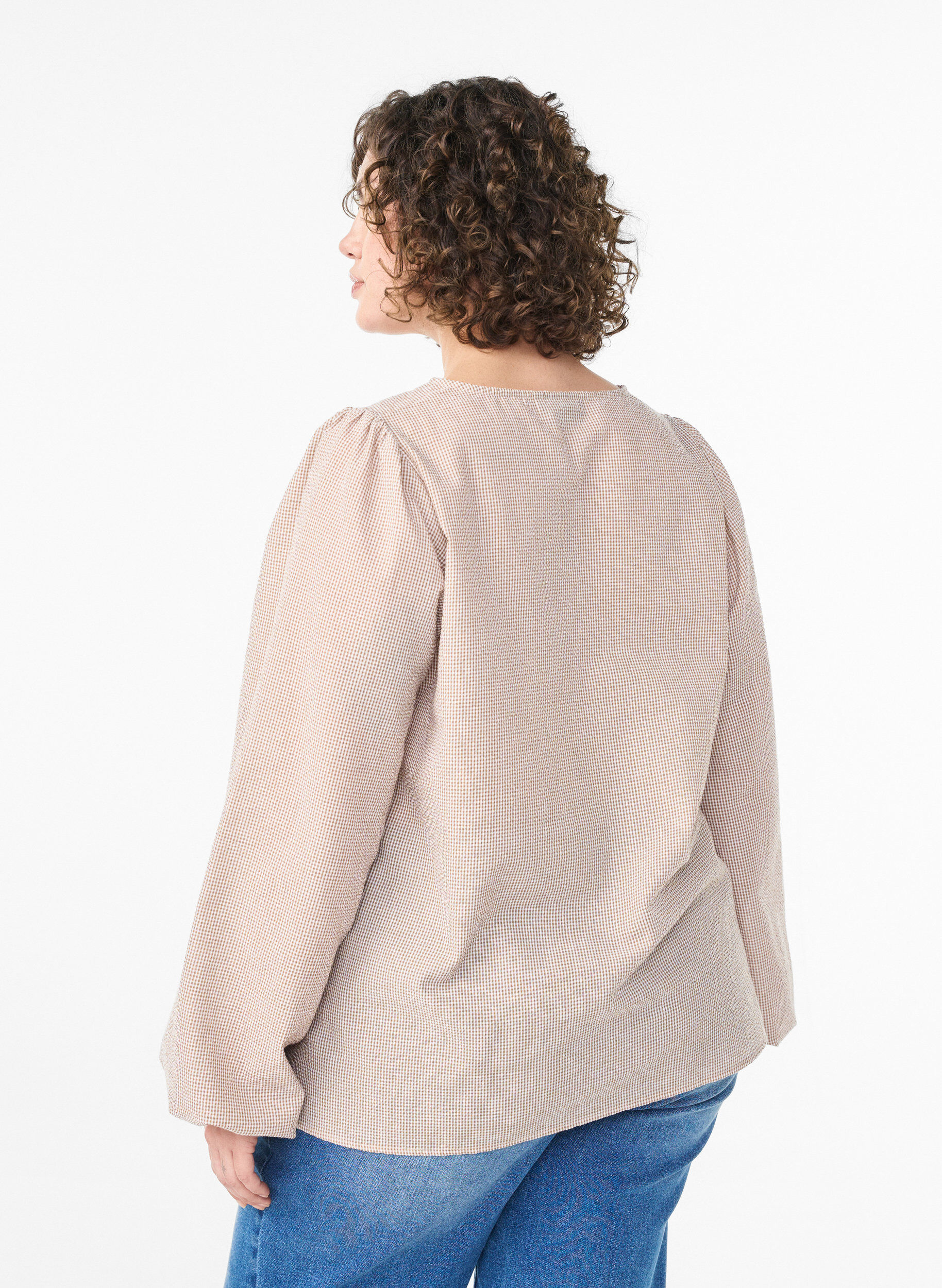 ZizziBluse mit V-Ausschnitt und kleinen Karos, Beige, Model image number 2
