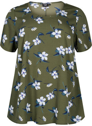 FLASH – Kurzärmelige Bluse mit Print, Olive Night Flower, Packshot image number 0