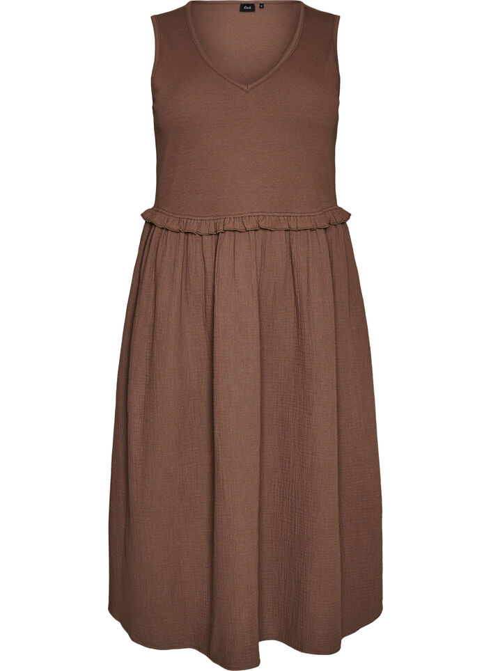 &Auml;rmelloses Midikleid aus Baumwolle mit Ripp und Musselin, Braun, Packshot image number 0