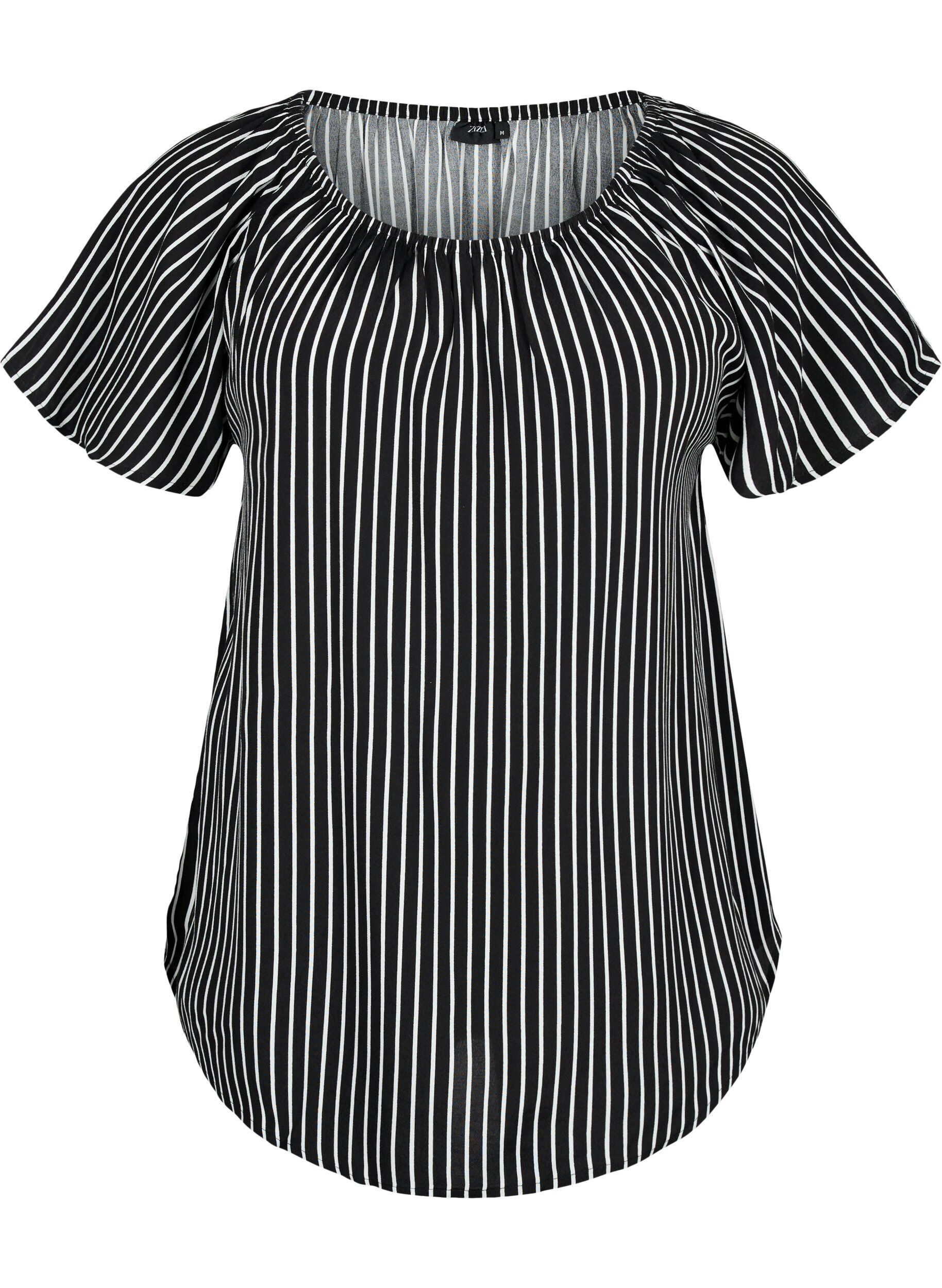 ZizziGestreifte Viskosebluse mit kurzen &Auml;rmeln, Black/ White Stripe, Packshot image number 0