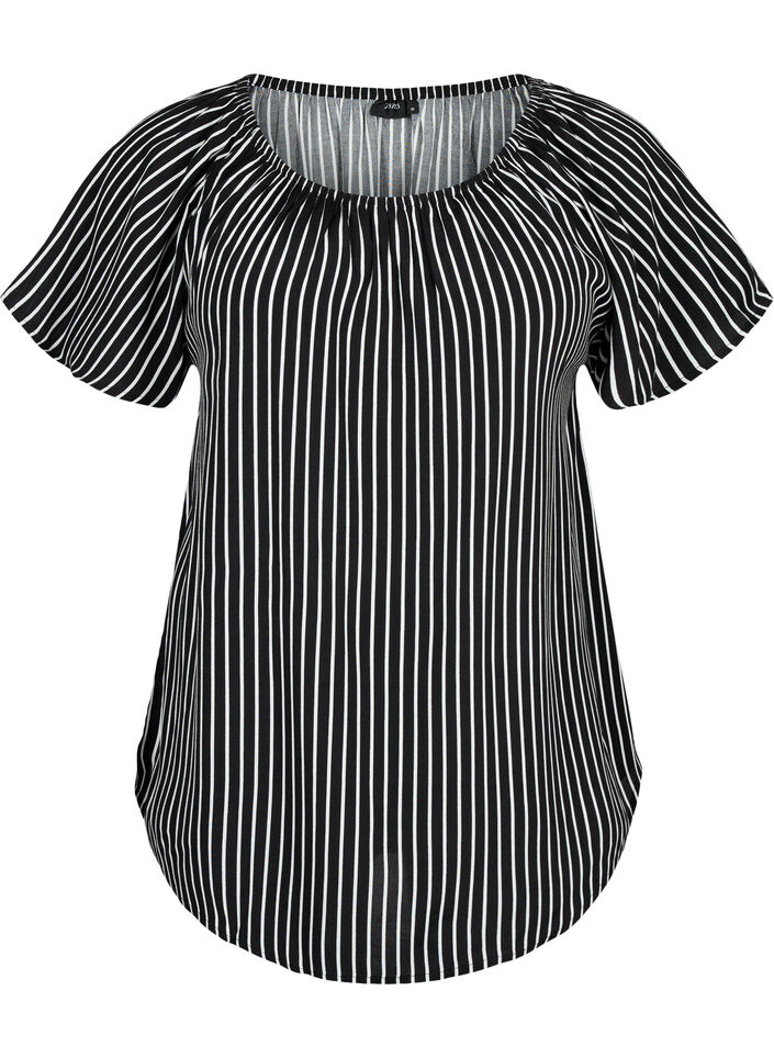 Gestreifte Viskosebluse mit kurzen Ärmeln, Black/ White Stripe, Packshot image number 0